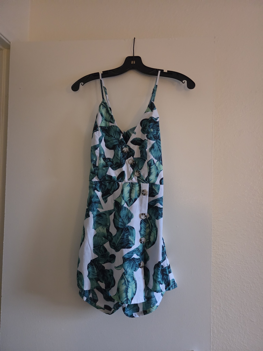 Tropical Leaf Print Spaghetti Strap Mini Dress - Green/White